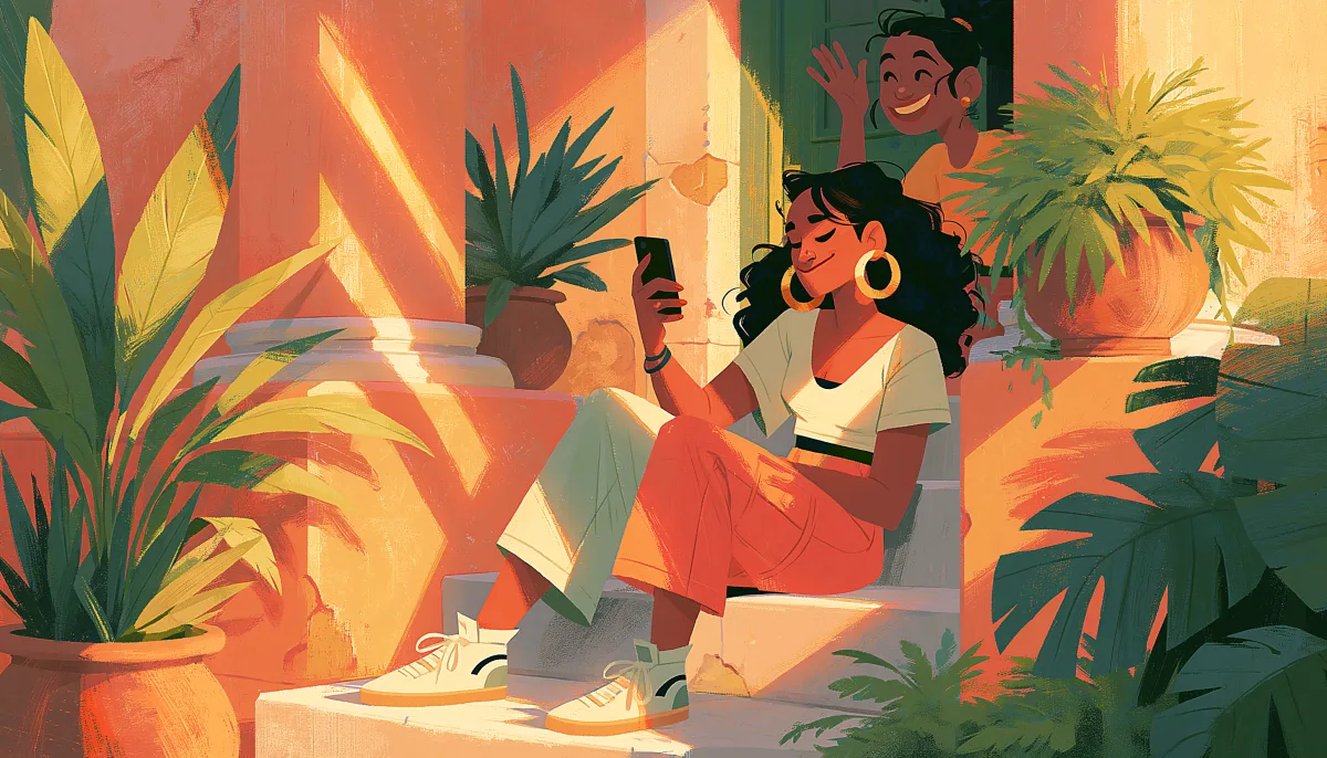 Illustration of a woman relaxing on sunlit steps, smiling at her phone while her friend waves hello behind her